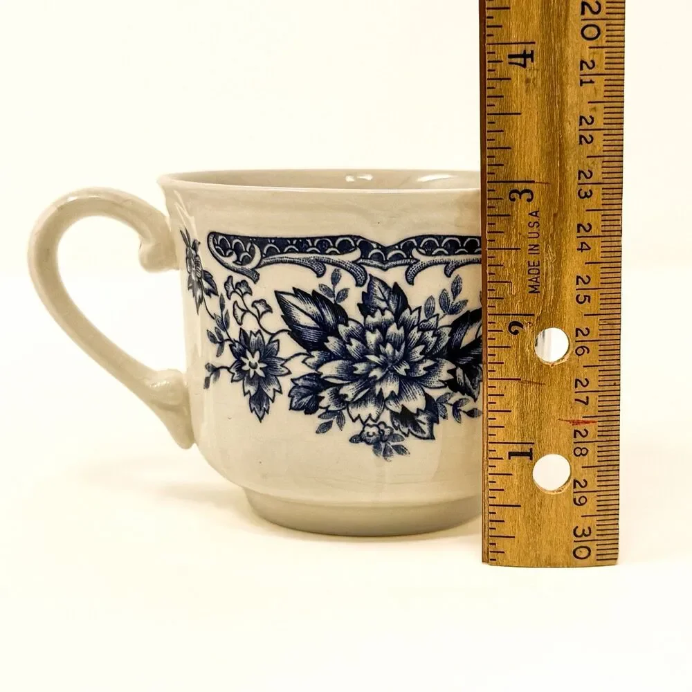 Blue Carnation Ironstone Cups & Saucers Set 3 Japan Blue White Vintage Floral